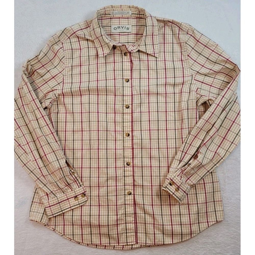 Orvis Red Tan Plaid Button Up Casual Dress Shirt Women 16‎
